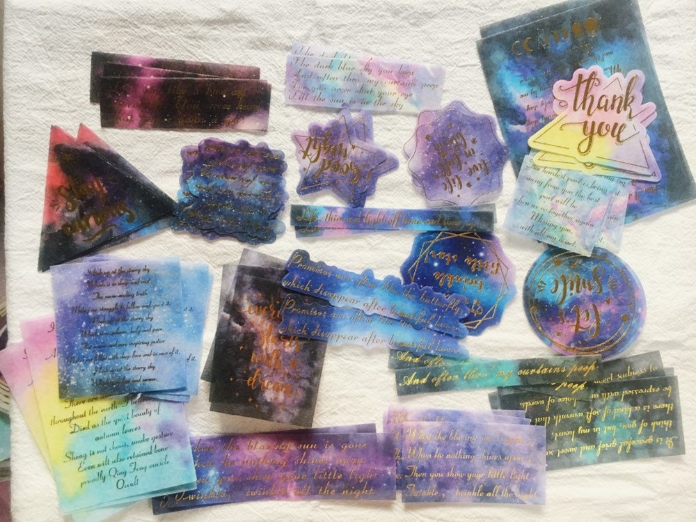 60pcs Night Sky Scrapbook for Journal, Star Poem Gold Foil Washi Stickers, Junk Journal Collage Kit,Vinyl Scrapbook Sticker Pack