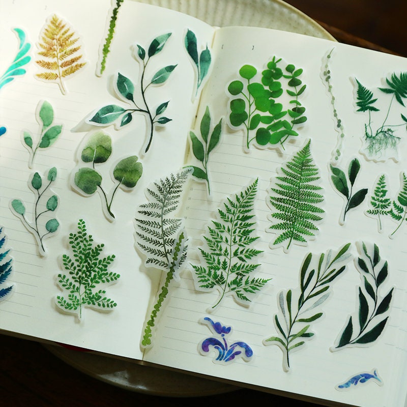 55pcs Yugari Stickers, Green Leaves Sticker Pack for Journal,Vellum Paper Scrapbook,Plant Vinyl sticker