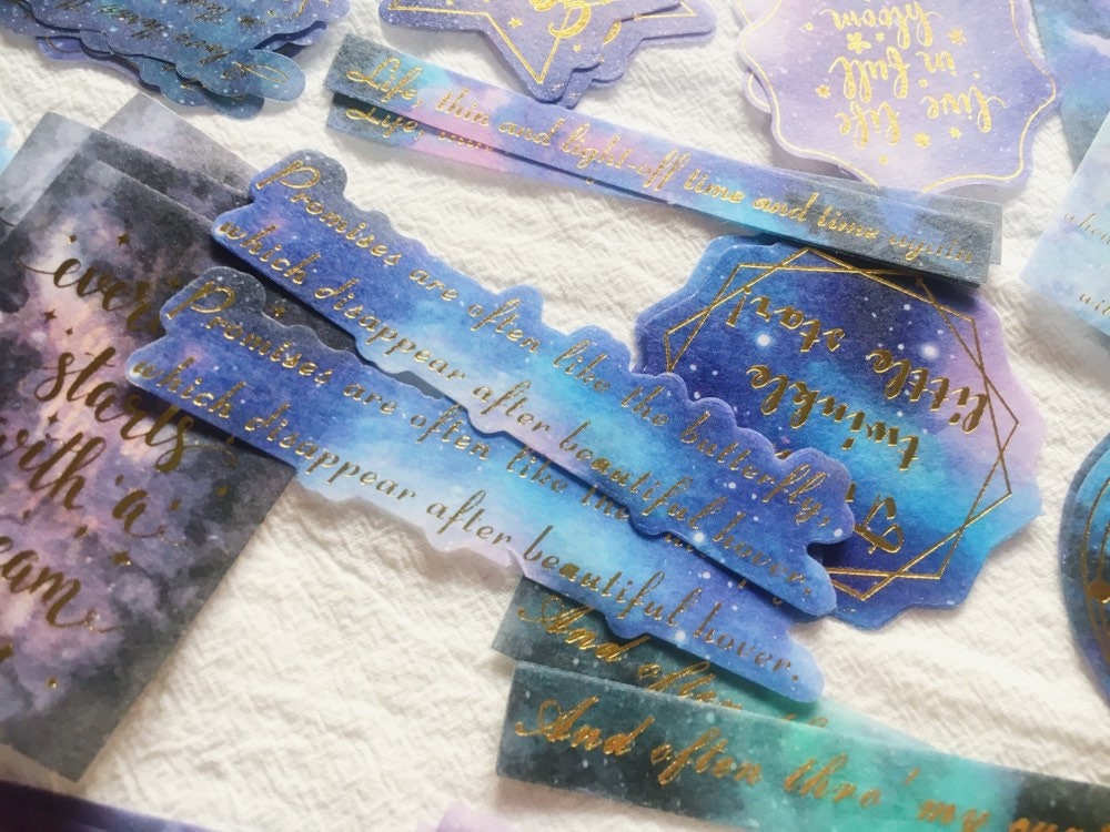 60pcs Night Sky Scrapbook for Journal, Star Poem Gold Foil Washi Stickers, Junk Journal Collage Kit,Vinyl Scrapbook Sticker Pack