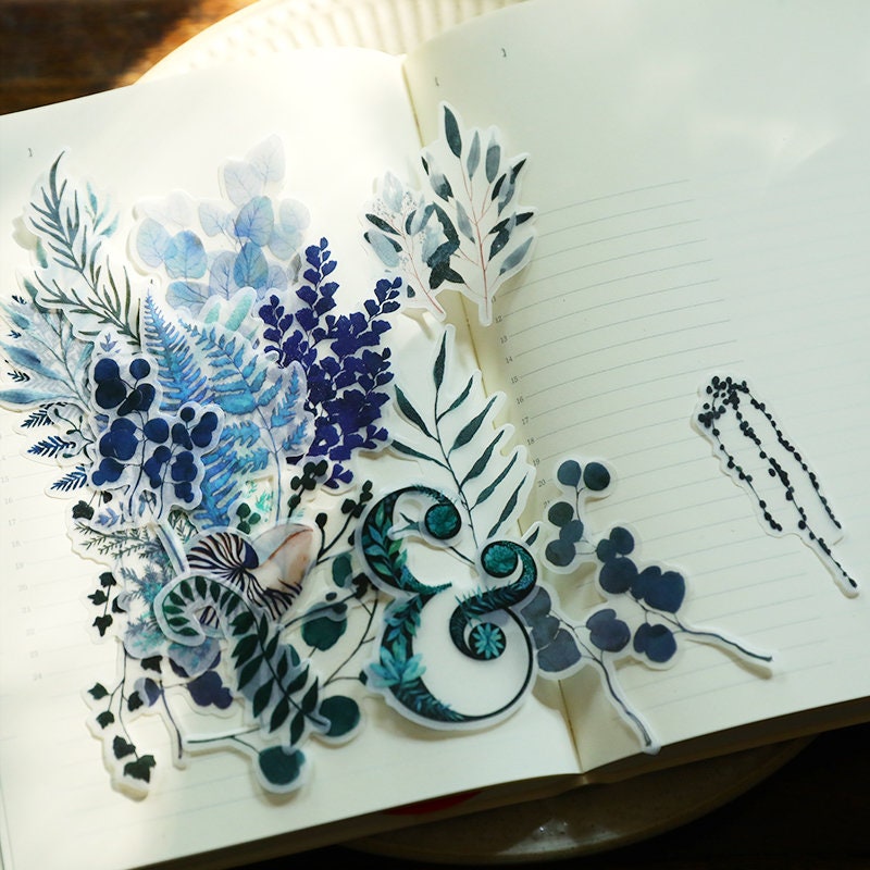 55pcs Yugari Stickers, Green Leaves Sticker Pack for Journal,Vellum Paper Scrapbook,Plant Vinyl sticker