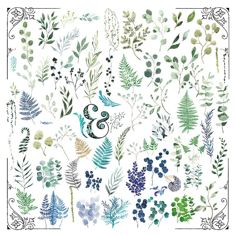 55pcs Yugari Stickers, Green Leaves Sticker Pack for Journal,Vellum Paper Scrapbook,Plant Vinyl sticker