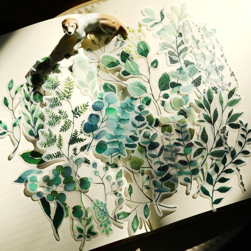55pcs Yugari Stickers, Green Leaves Sticker Pack for Journal,Vellum Paper Scrapbook,Plant Vinyl sticker
