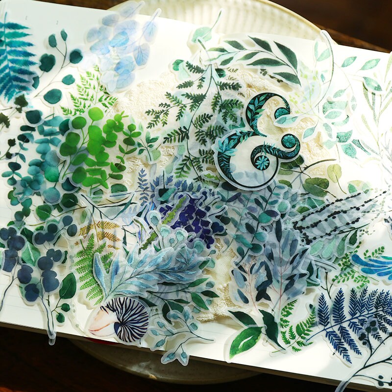 55pcs Yugari Stickers, Green Leaves Sticker Pack for Journal,Vellum Paper Scrapbook,Plant Vinyl sticker
