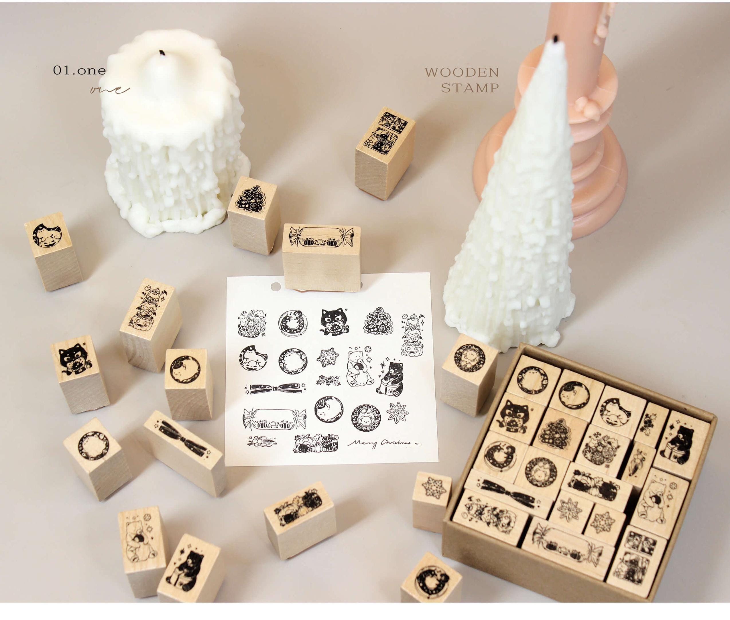Mini Christmas Stamps Set, Wooden Stamps, Rubber Stamps, Mood-402