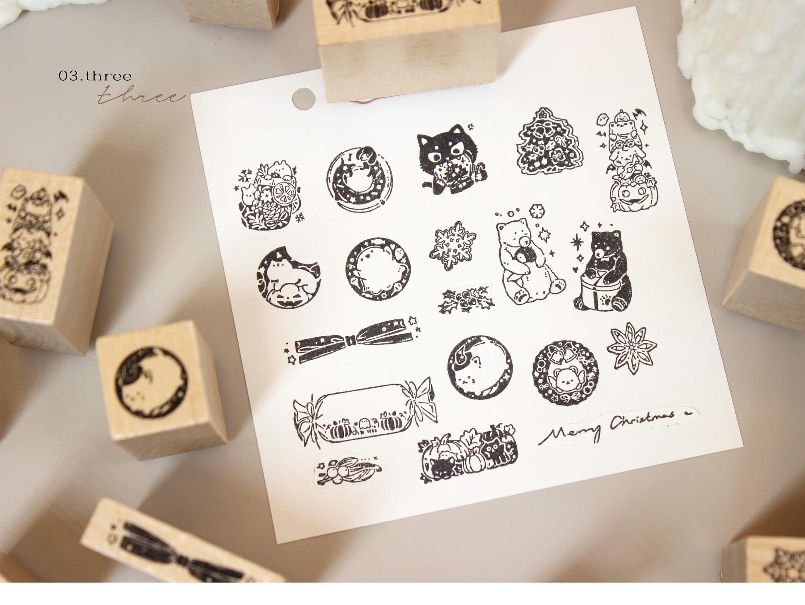 Mini Christmas Stamps Set, Wooden Stamps, Rubber Stamps, Mood-402