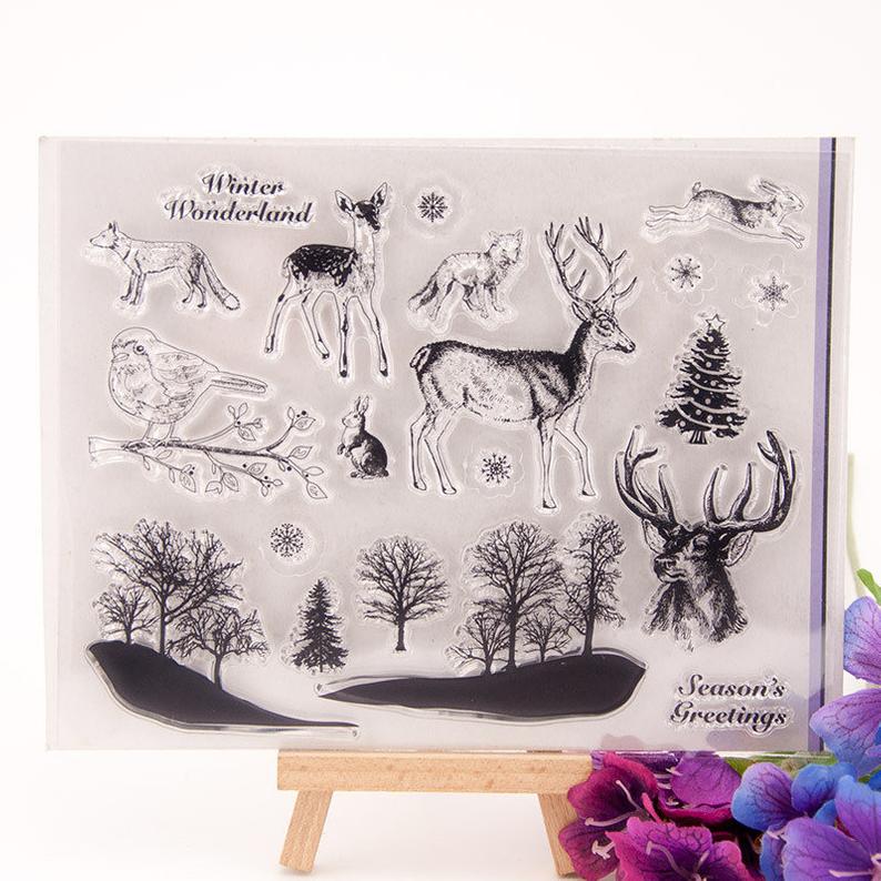 Winter Deer in Forest Clear Stamps